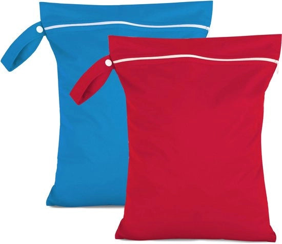 Set di 2 sacchetti umidi 40 x 30 cm, sacchetti per la pelle blu e rosso, borse per il trasporto con cerniera, sacchetti umidi per il bagno, per i costumi da bagno, per i lenzuoli da spiaggia, per le mutande