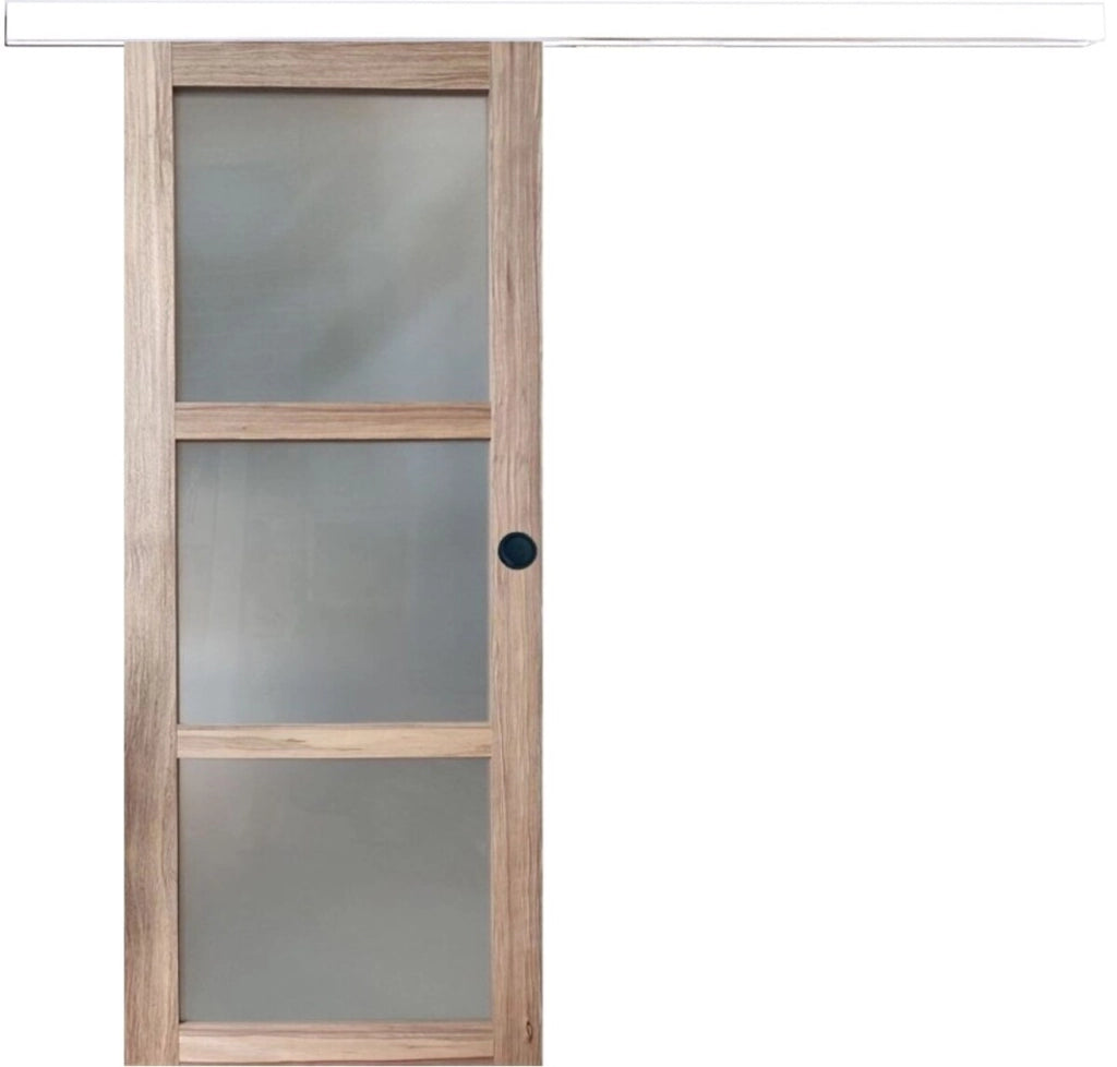 Porta Scorrevole in Legno Frake Vetro H204 x L73 + binario in alluminio bianco e 2 gusci neri senza maniglia
