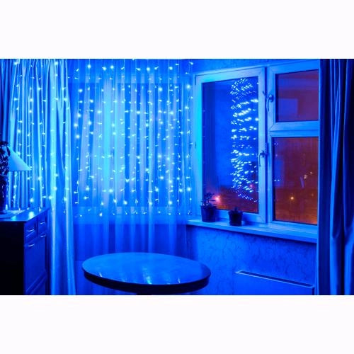 Tenda Cascata Luminosa Luci Natale 300 LED Bianco Freddo 300x100 cm con Giochi D2504