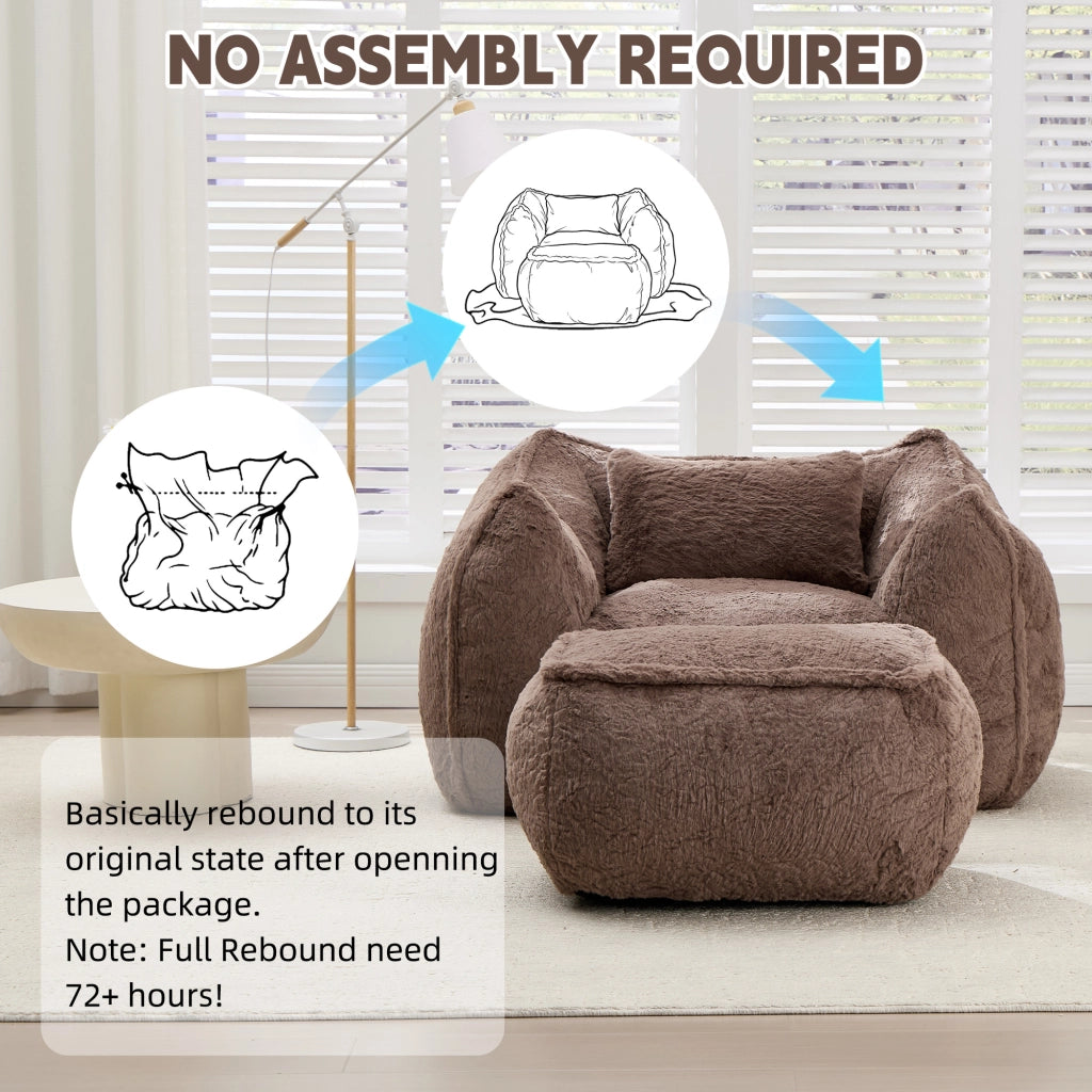 Poltrona pouf ergonomica senza montaggio con poggiapiedi e imbottitura in schiuma in faux fur kaki per relax