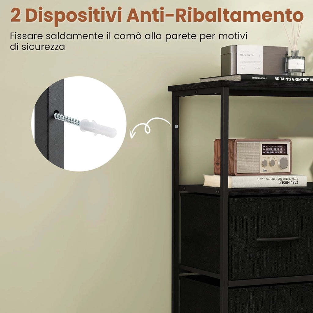 Comò con 5 Cassetti, Cassettiera con 2 Mensole Aperte in Legno e Struttura in Metallo, Unità Organizzatore per Conservazione per Ingresso e Soggiorno, 100×30×80 cm (Nero)