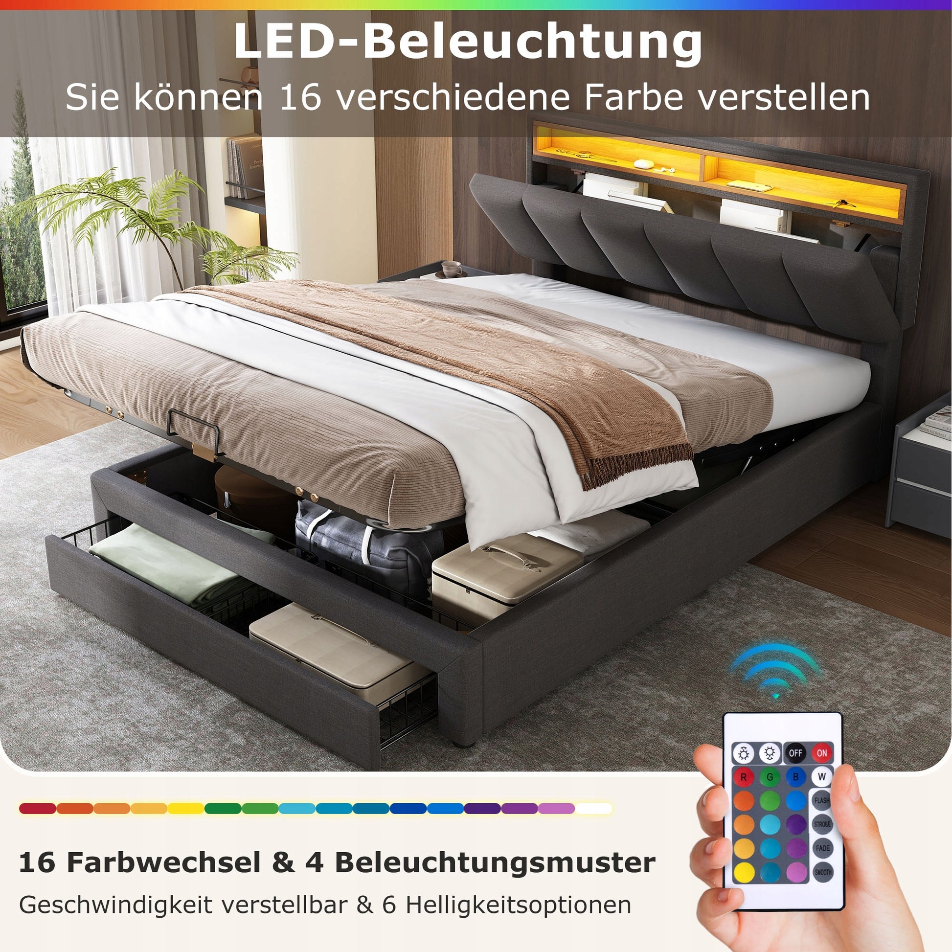 Letto matrimoniale 180x200cm - Xylo - LED, Lniane, Schowek, Szare