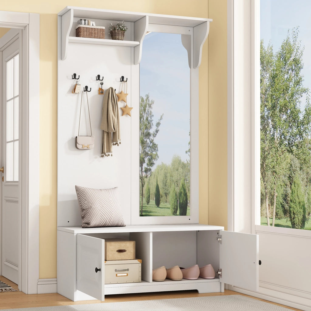 Mobile ingresso con specchio, 5 ganci e 2 vani chiusi, per ingresso, in MDF bianco, 100 × 40 × 180 cm