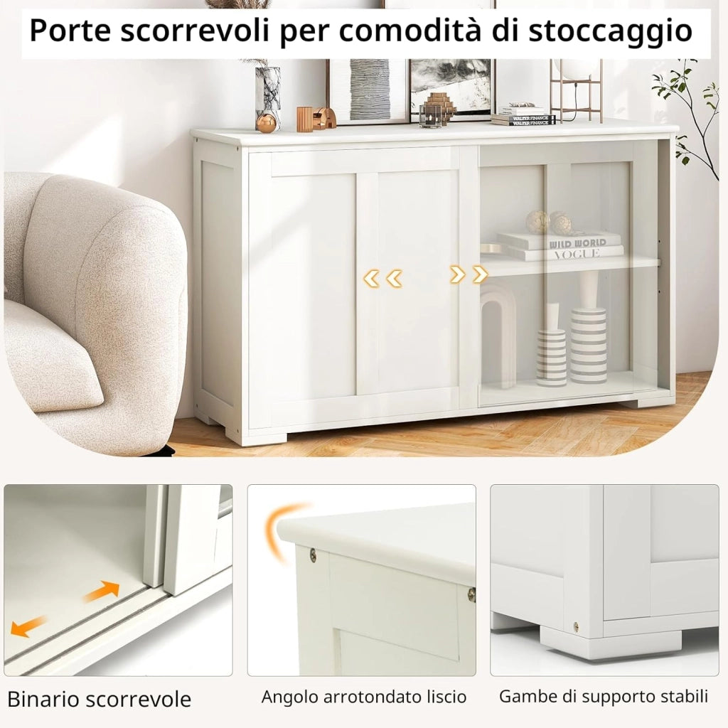 Credenza Cucina con Ripiano Regolabile, Dispositivi Anti-Ribaltamento e Ante Scorrevoli, Mobile Buffet Dispensa Cucina in MDF, Armadietto a Buffet per Sala da Pranzo, 107x33x60cm (Crema)