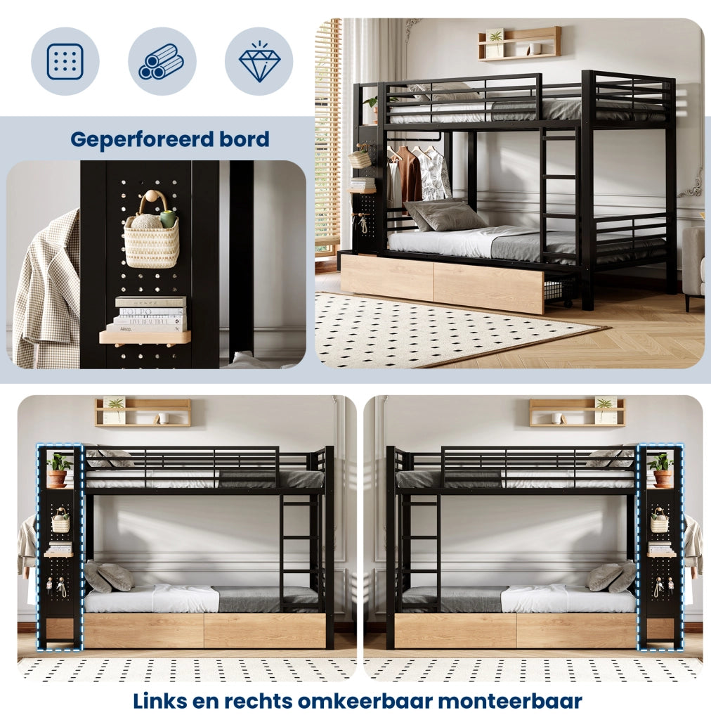 Letto a castello nero 90x200 cm con LED e 4 cassetti
