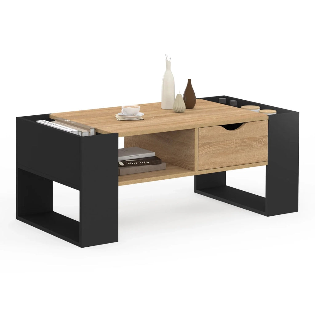 IDMarket - Tavolino rettangolare BERYL con cassetto in legno nero ed effetto faggio
