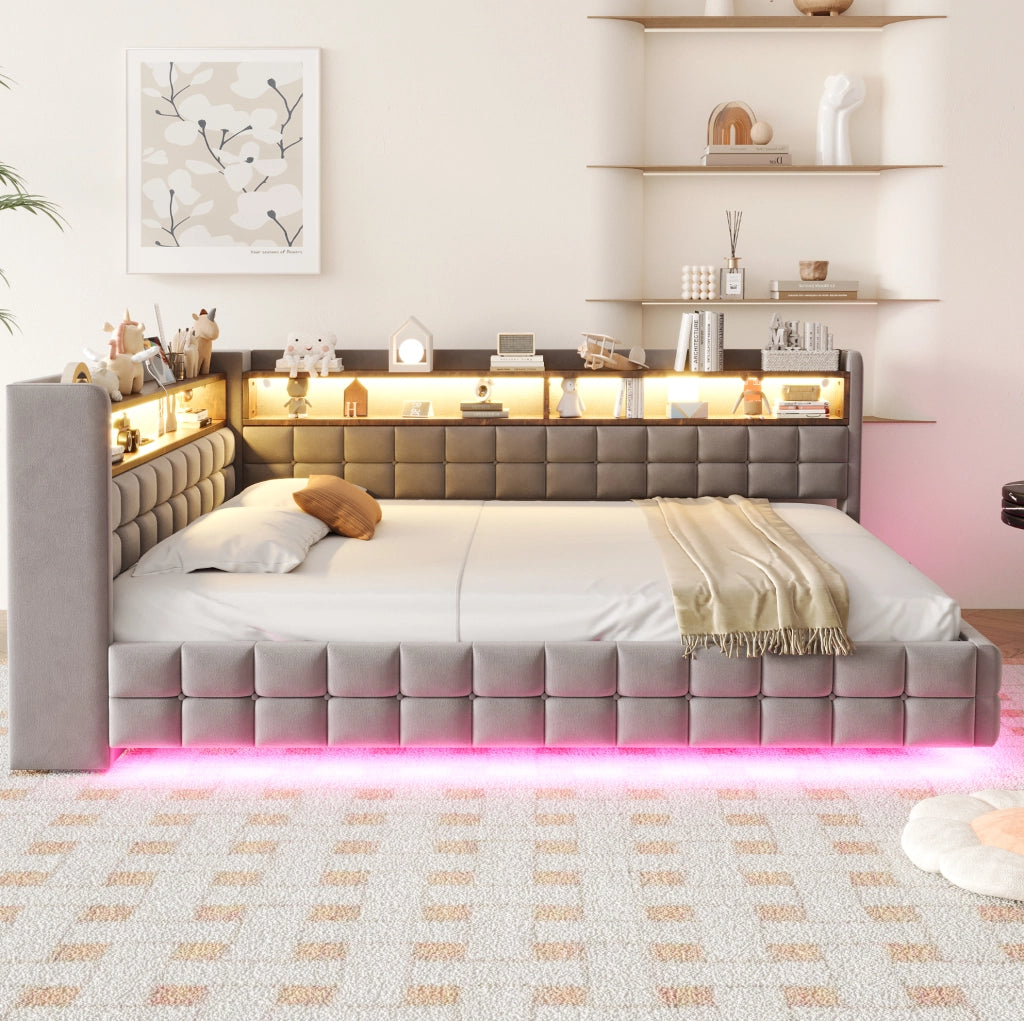 Divano letto imbottito multifunzione con contenitore, LED e prese