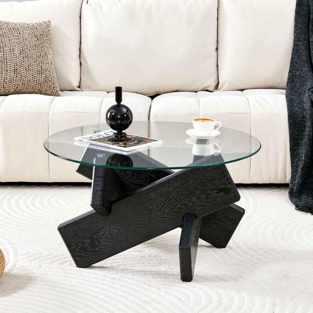 TAVOLO DA CAFFÈ Rotondo 79 cm MDF e Vetro Nero/Trasparente