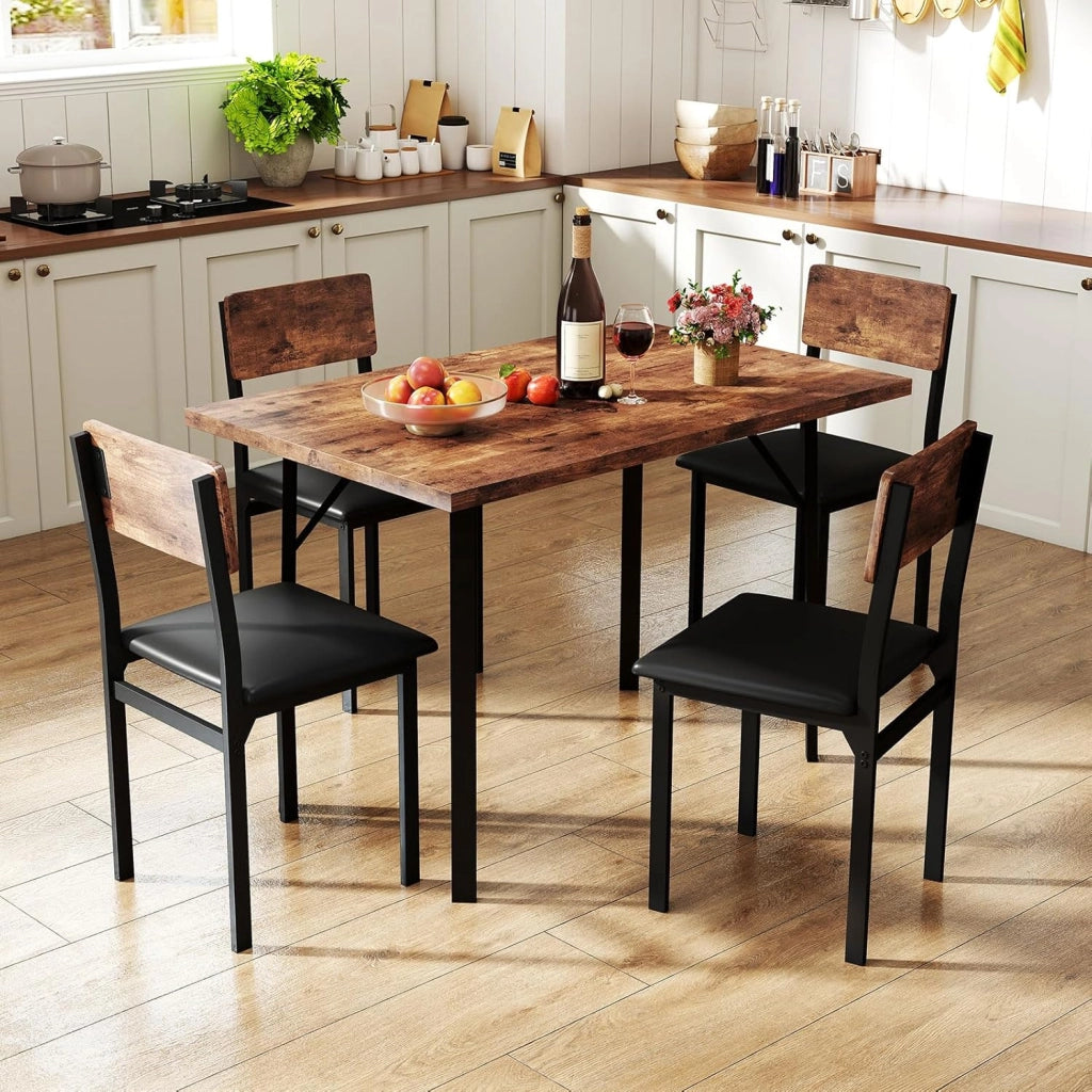 Set da Pranzo 5 Pezzi per 4 Persone, Tavolo da Cucina Rettangolare Industriale con 4 Sedie Imbottite con Gambe in Metallo, Seduta Imbottita, Mobili Salvaspazio per Colazione in Appartamento