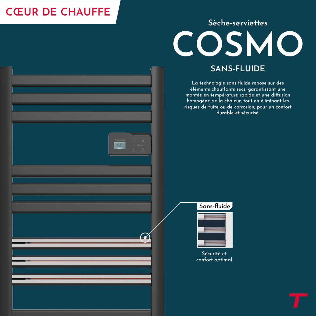 Scaldasalviette elettrico Thomson senza fluido, connesso al WiFi, con ventola da 500 W, nero cosmo