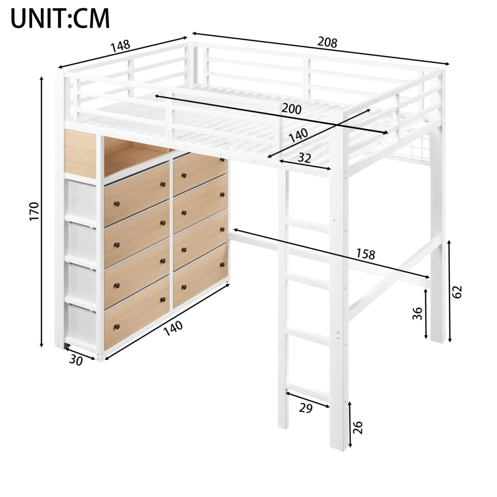 Letto a soppalco 140x200 cm con 8 cassetti, mensole e luce LED