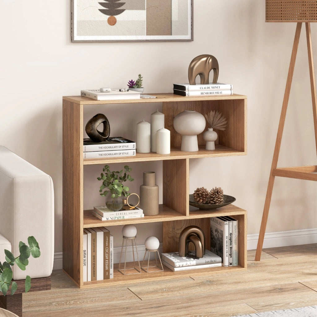 Libreria concava a 3 ripiani da esposizione, Libreria angolare autoportante per soggiorno studio ufficio Naturale