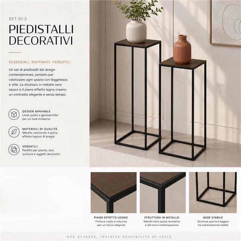 2 COLONNINE IN METALLO NERO MISURE 23X60CM E 27X70CM CON BASE IN MDF COLOR LEGNO