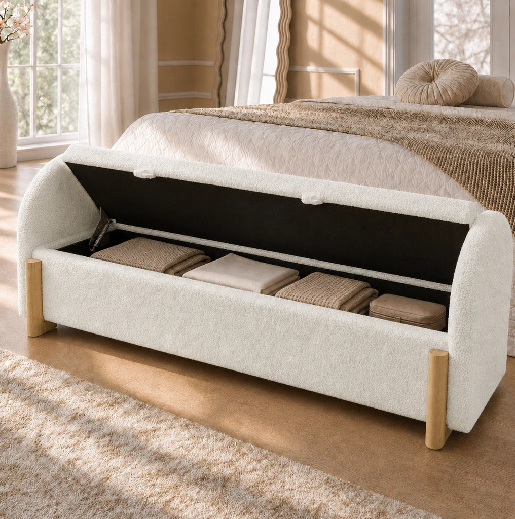 Panca contenitore per camera 186x47x61 cm in chenille bouclé bianco con vano portaoggetti idraulico