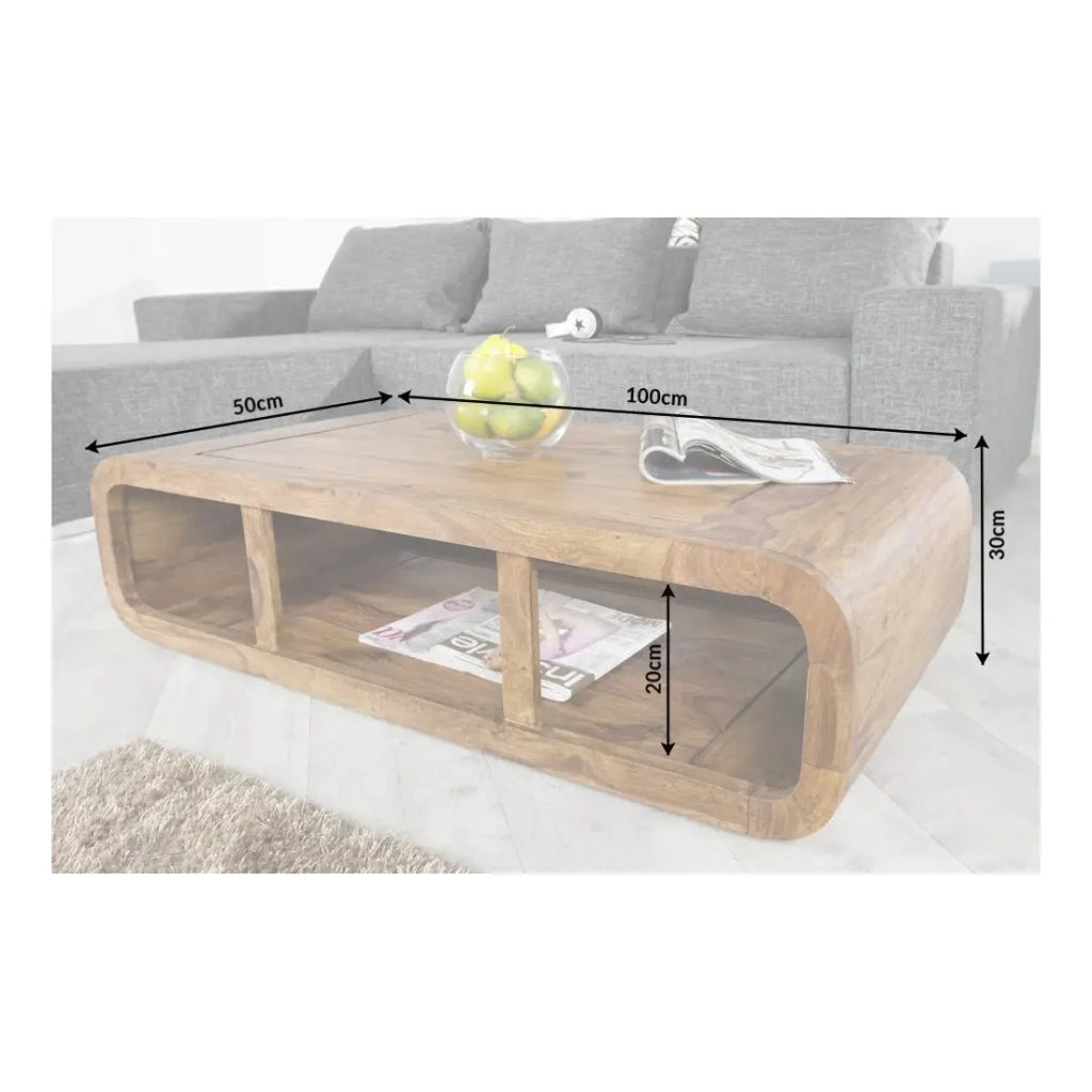 Tavolino basso CURVIA 100 cm in legno di Sheesham - Design moderno con nicchie aperte