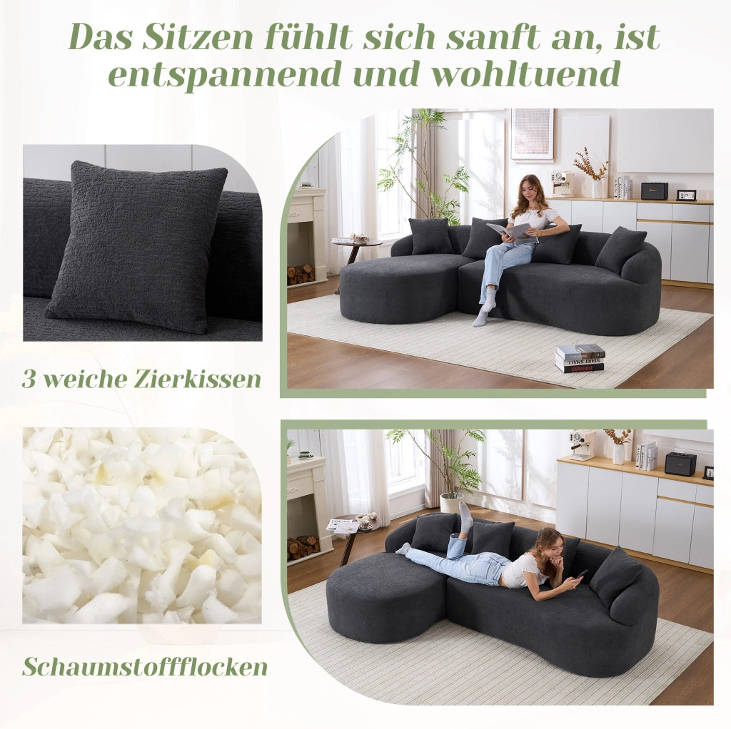 Divano curvo 3 posti in chenille; 243x150x67 cm; grigio scuro