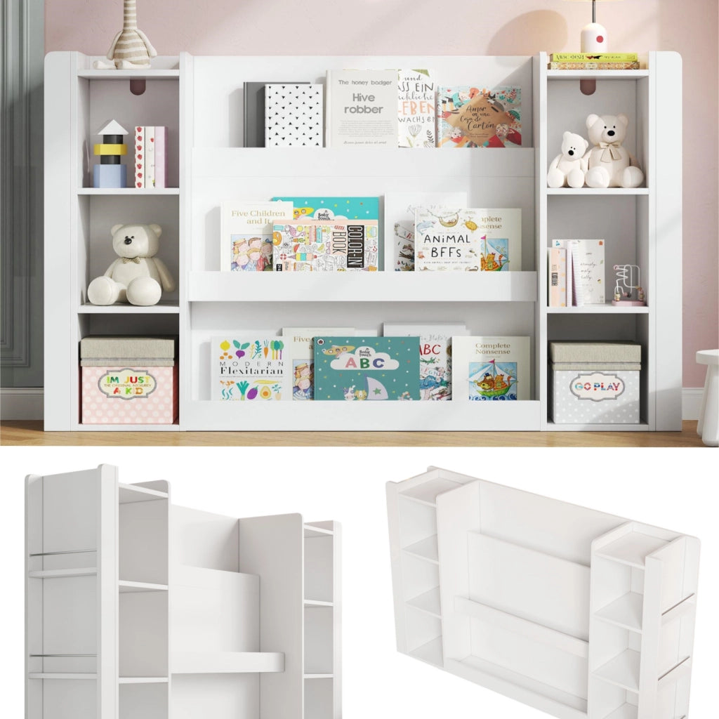 Libreria per bambini con contenitori, scaffale porta libri e giochi, mobile in MDF bianco 140 x 30 x 95 cm