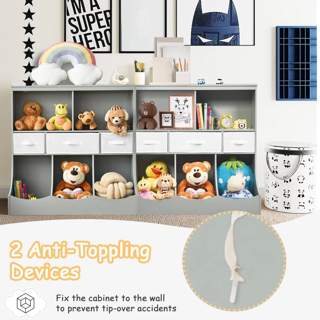 Mobile portaoggetti multiuso per libri e giocattoli, armadietti di 2 diverse dimensioni, armadio per bambini, libreria aperta con 3 cassetti, 93 x 40 x 94 cm (grigio) (QF53080PAFR)