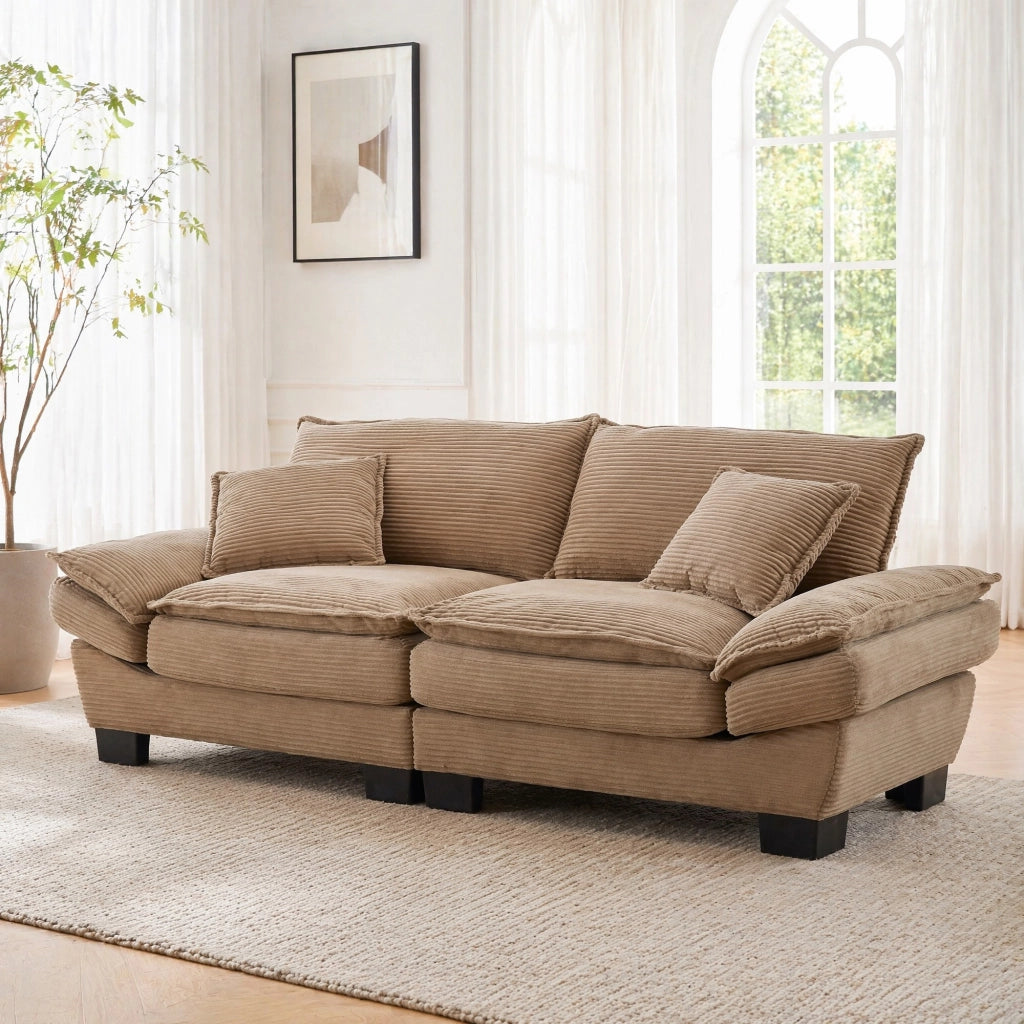 Divano a 2 posti in velluto a coste kaki con braccioli e cuscini laterali 81 × 224 × 81 cm