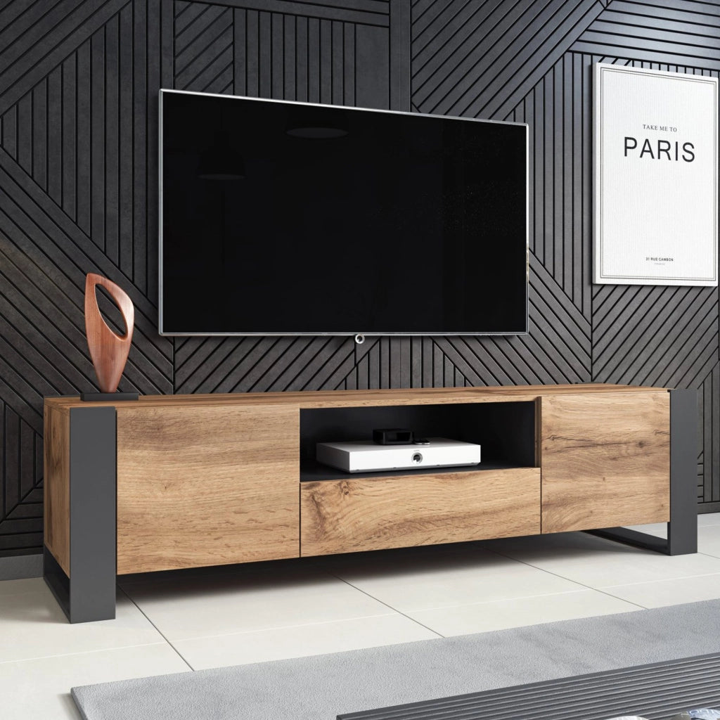 Mobile porta TV Frassino, Madia da salotto con tre ante battenti e tre vani interni, Rialzato da terra, 151x42 h60 cm, Beige