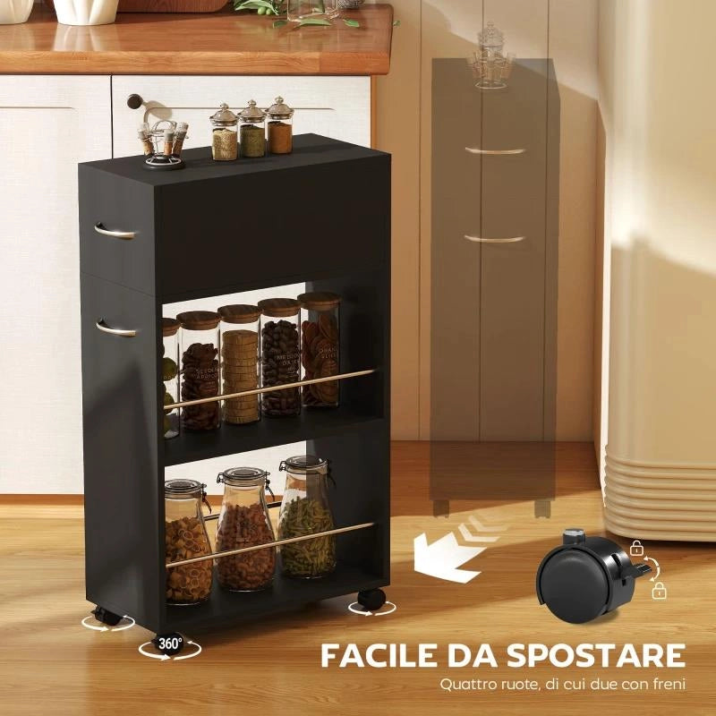 CARRELLO DA CUCINA CON 2 RIPIANI APERTI, CASSETTO E PARAPETTI, LEGNO E ACCIAIO INOX, 25X50X85 CM, NERO