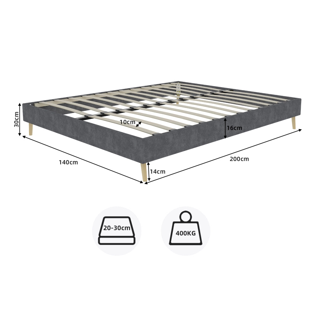 Letto matrimoniale 140 × 200 cm con struttura stabile, senza testiera e senza materasso, in tessuto e metallo, grigio