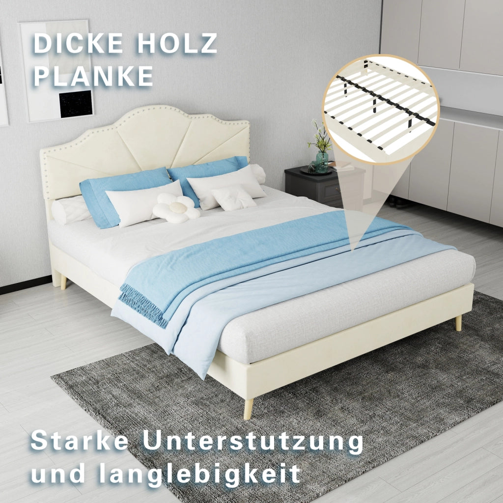 DESMIU Lit simple 140 × 200 cm con testiera geometrica e borchie, senza materasso, in tessuto e metallo, beige