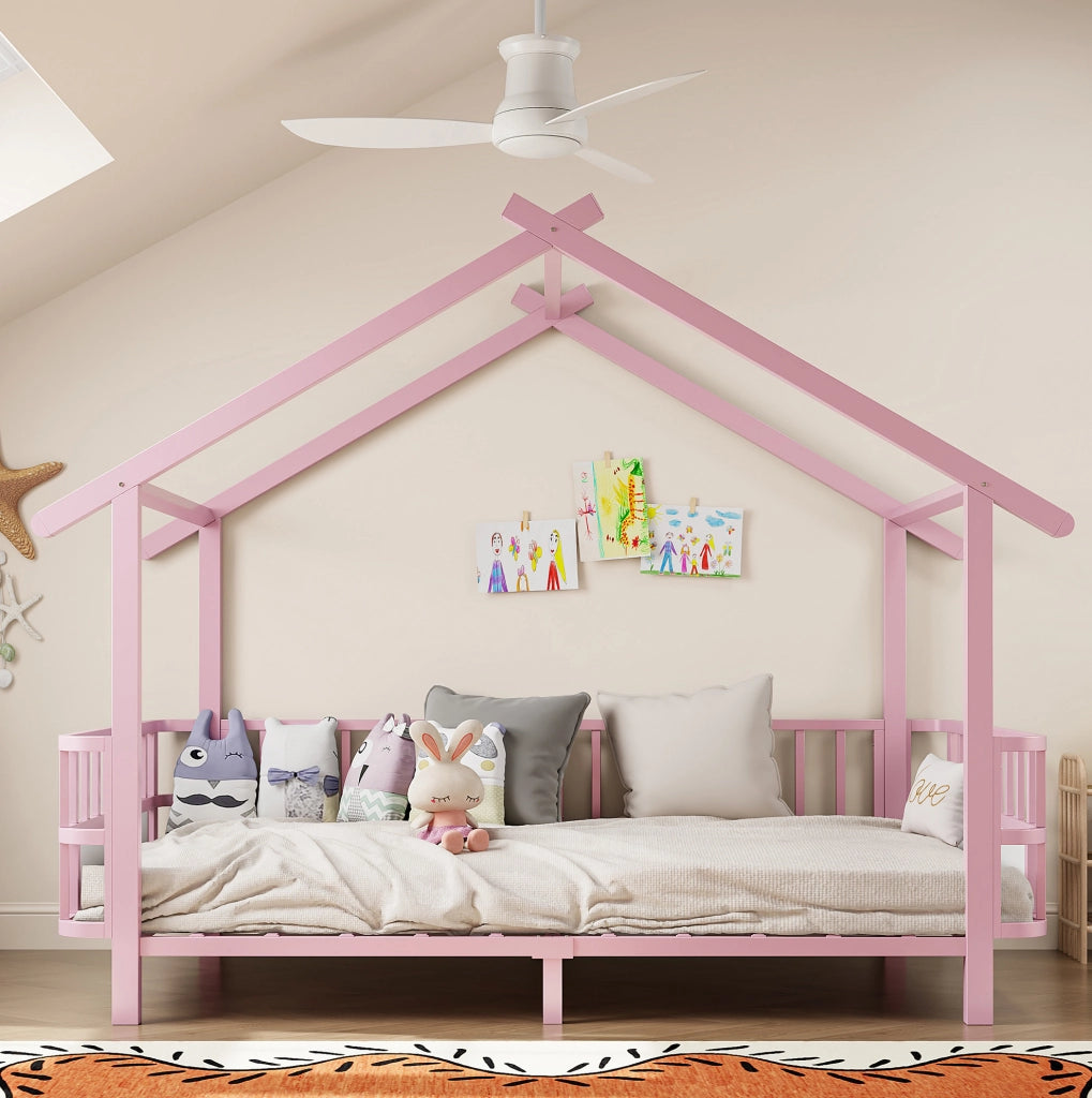 Letto per bambini in metallo a forma di casa 90 x 200 cm rosa