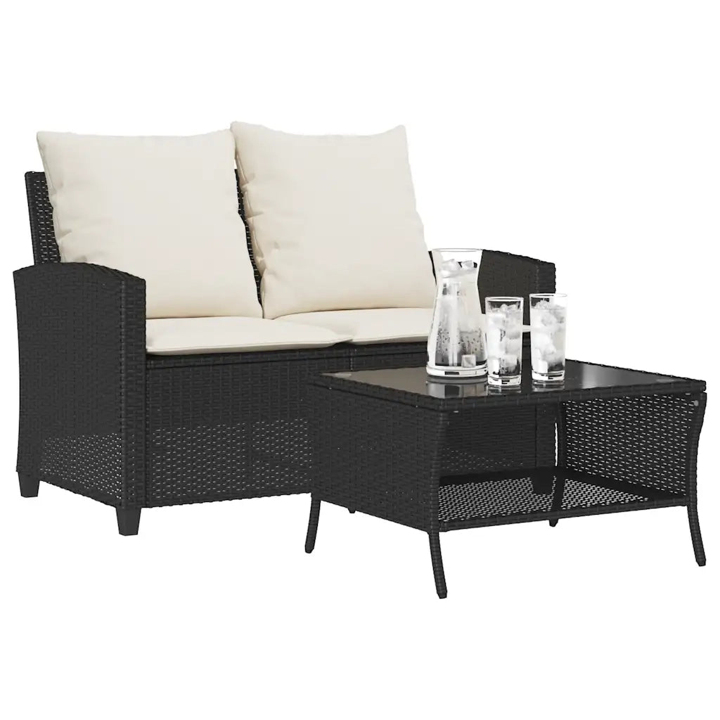 Divano da Giardino a 2 Posti Cuscini&Tavolo-Sofa da Giardino-Divano da esterno Nero in Polyrattan