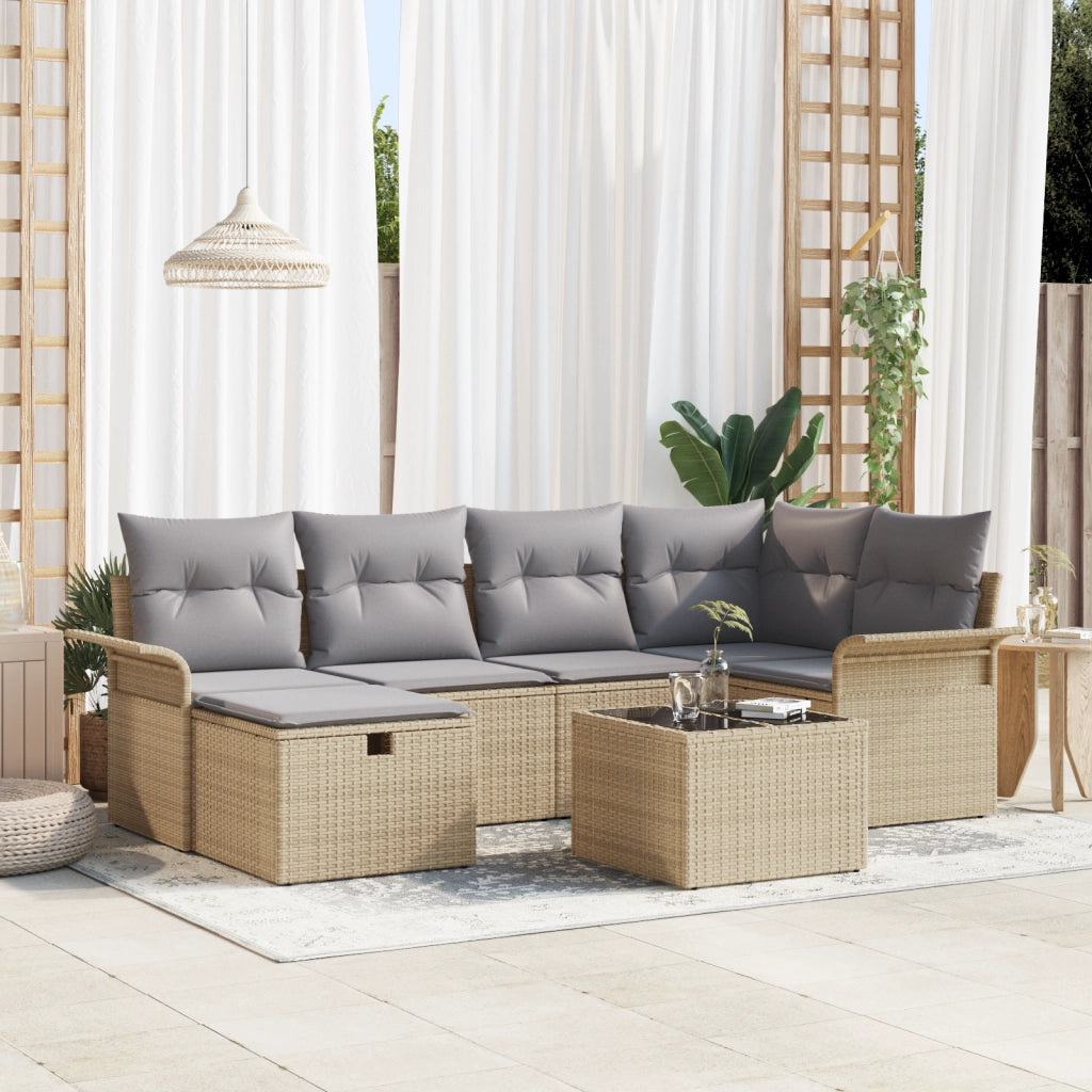 Set Divano da Giardino  7 Pezzi con Cuscini Beige Polirattan