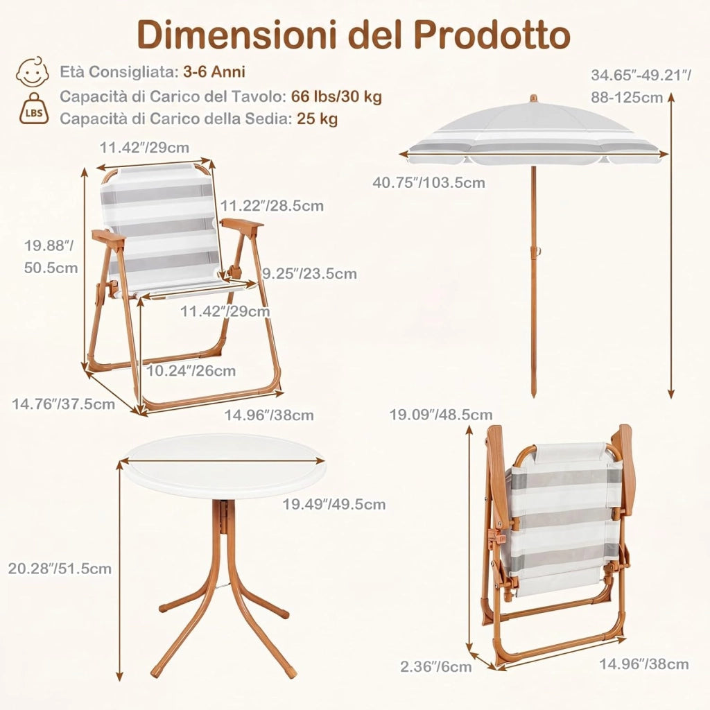 Set Tavolo e Sedie da Giardino per Bambini con Ombrellone (Naturale)