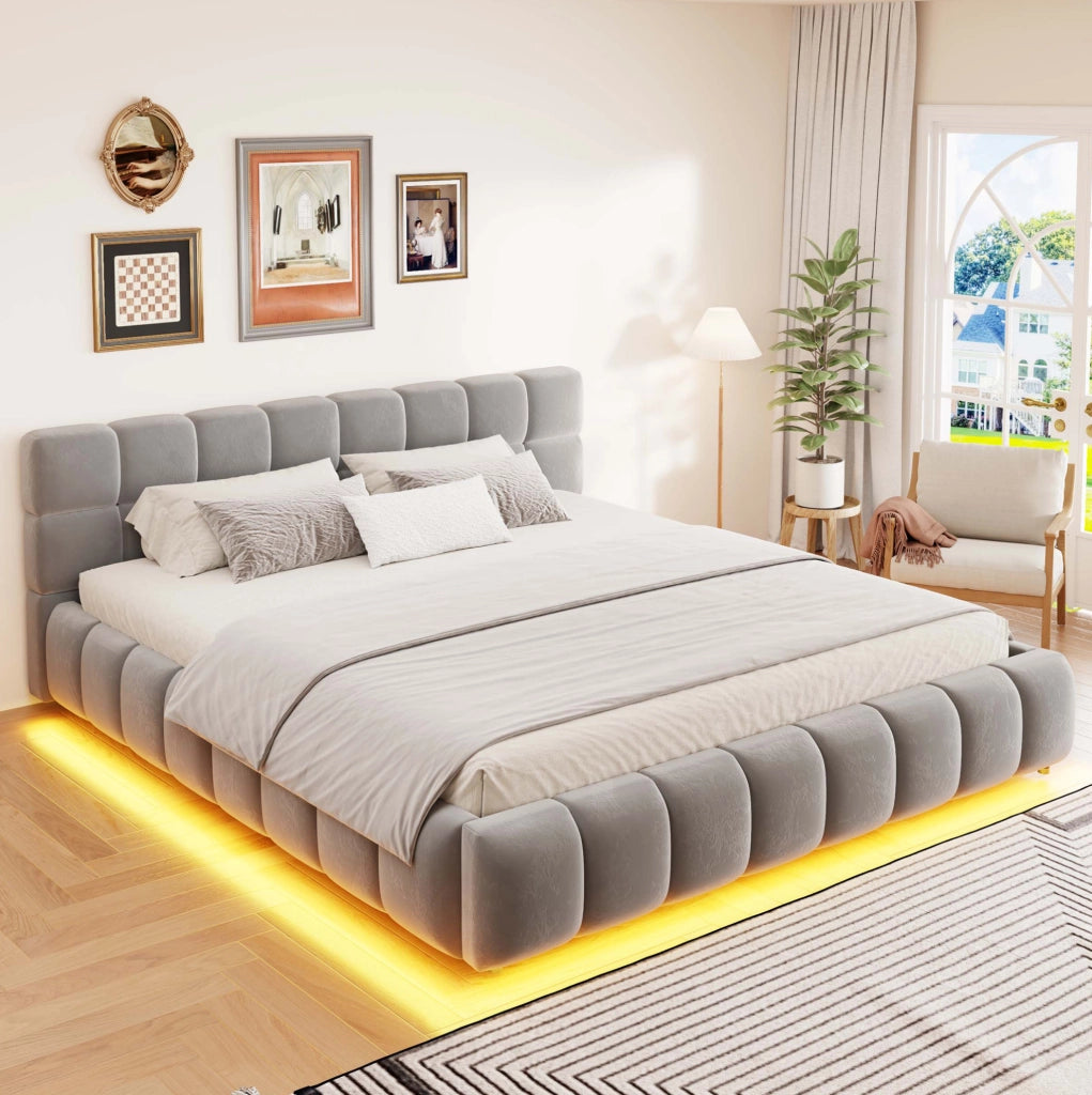 Letto matrimoniale imbottito 160x200 cm in velluto grigio con LED e contenitore idraulico