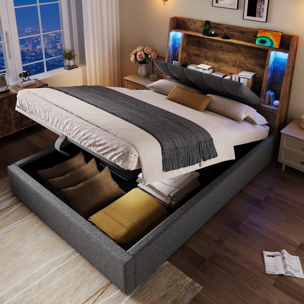 OKWISH Letto Singolo 90×200 cm con Contenitore, USB, Tipo C, LED Regolabile e Vani in Testiera, senza Materasso, Lino Grigio