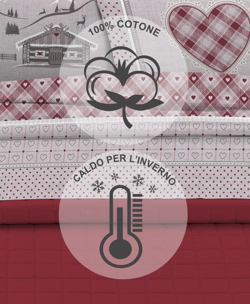 Completo Letto in Flanella Calda e Morbida Anti Pilling - Set Flanellato 3 Misure parure con Federe - Chalet Rosso - 1 Piazza