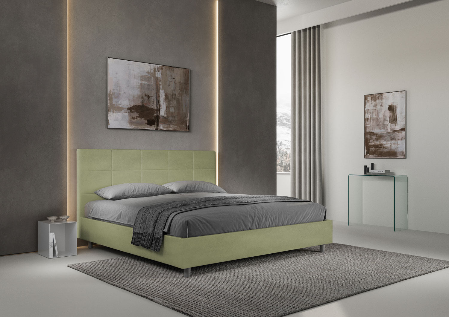 Letto Matrimoniale King Size 200x210 cm Senza Rete Imbottito in Microfibra Mika Tè Verde