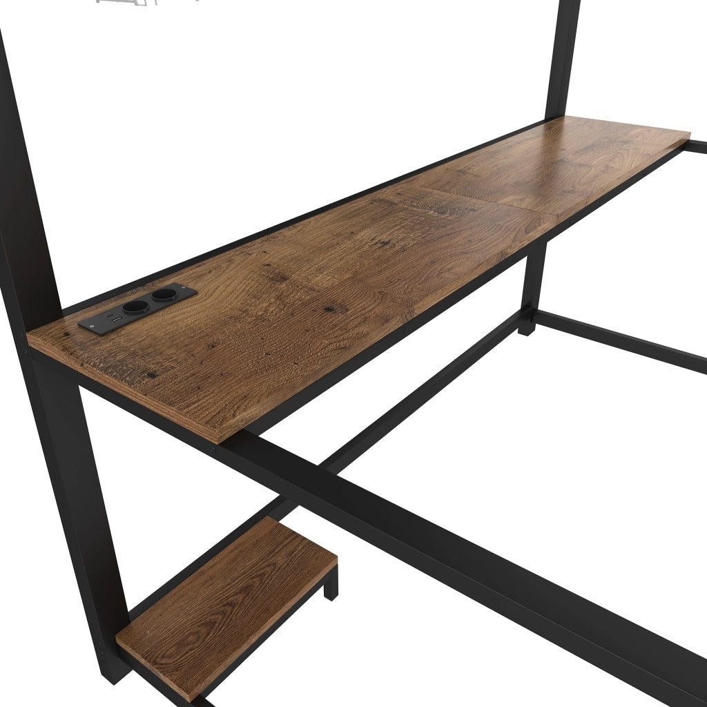 DESMIU Letto a Soppalco 2 Posti con Scrivania, Presa, USB e LED 140 × 200 cm, Senza Materasso, Nero