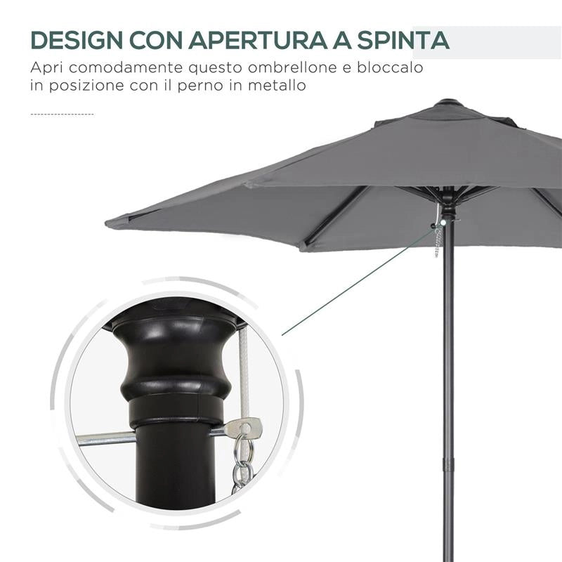 OMBRELLONE DA GIARDINO 2X2 M A 6 STECCHE CON PRESA D'ARIA IN ALLUMINIO METALLO E POLIESTERE GRIGIO SCURO