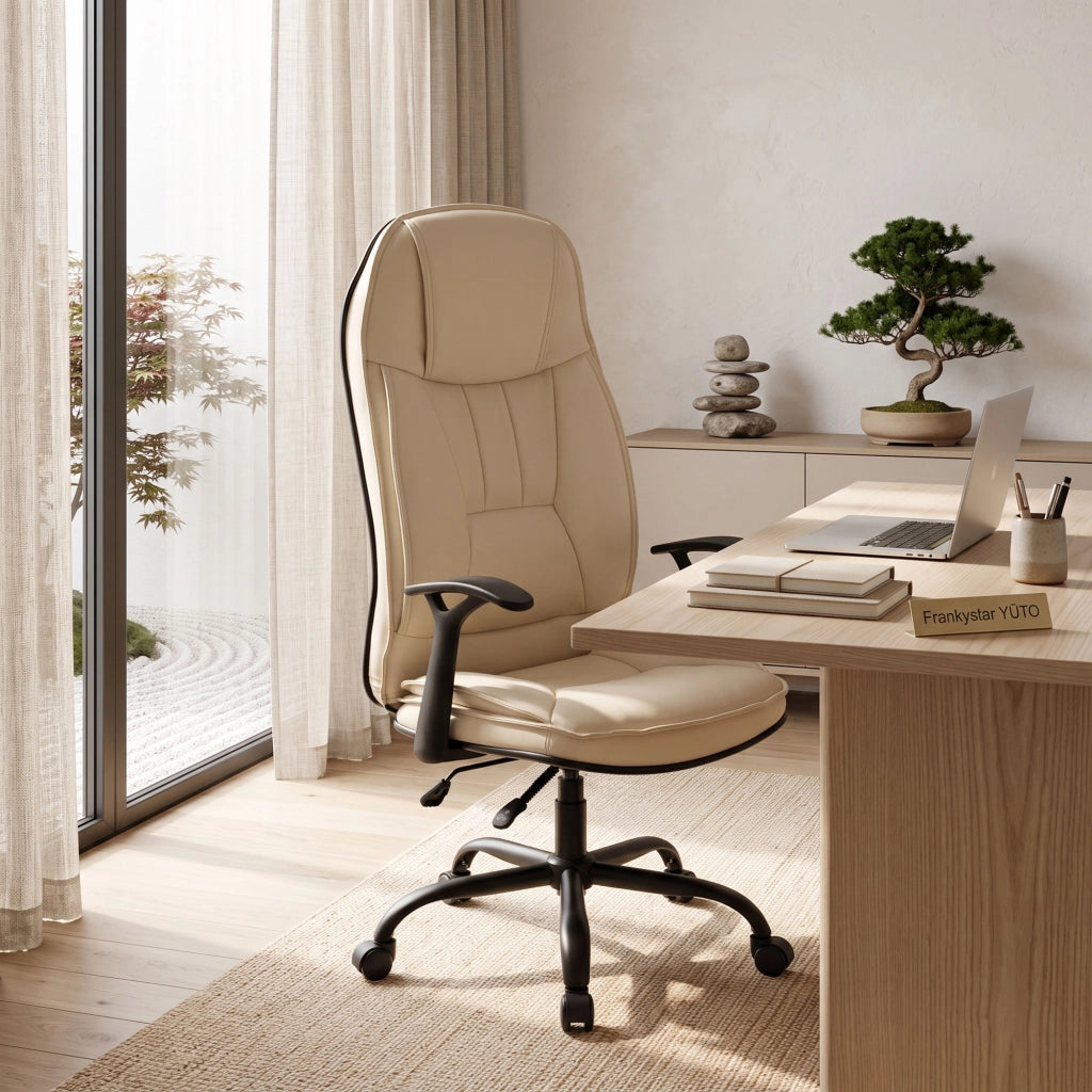 Yūto - Sedia Da Ufficio Ergonomica 50x131x47 cm Poltrona Direzionale Comoda con Ruote Girevoli in Similpelle Crema