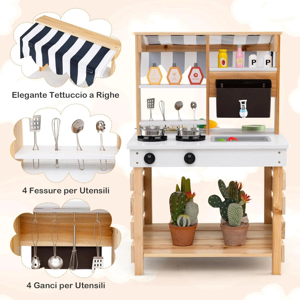 Cucina Giochi in Legno a Doppia Faccia, Cucina Giocattolo con Fornelli, Lavandino, Vaschetta per l'Acqua, Rubinetto, Set di Cucina per Esterni con Tetto, per Bambini dai 3+ Anni