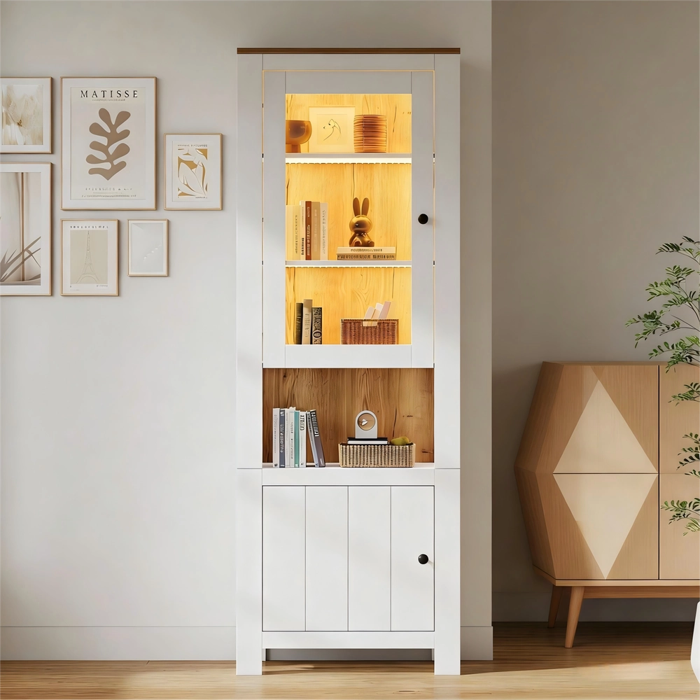 Vetrina Alta con Ante e Ripiani ¨C Xylo ¨C Bianco e Legno, LED, 70x40x188 cm