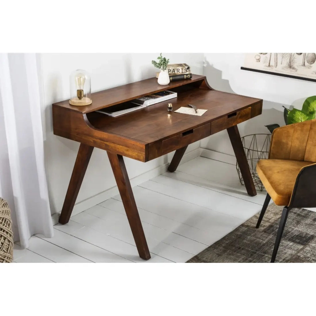 Scrivania retta SKAGEN 120 cm in legno massiccio di acacia verniciato con 2 cassetti e scaffale – Stile Davenport