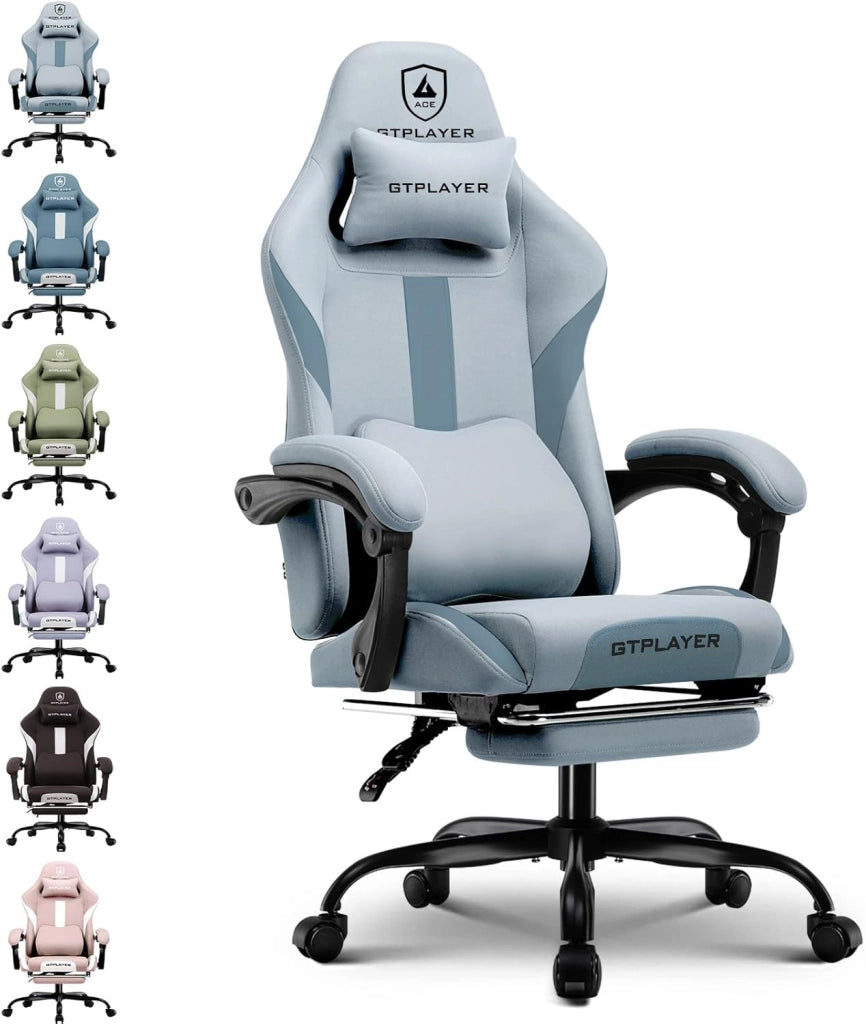 Sedia da gioco, sedia da ufficio traspirante in tessuto di alta qualità, sedia ergonomica PC, regolabile e girevole con poggiapiedi, blu
