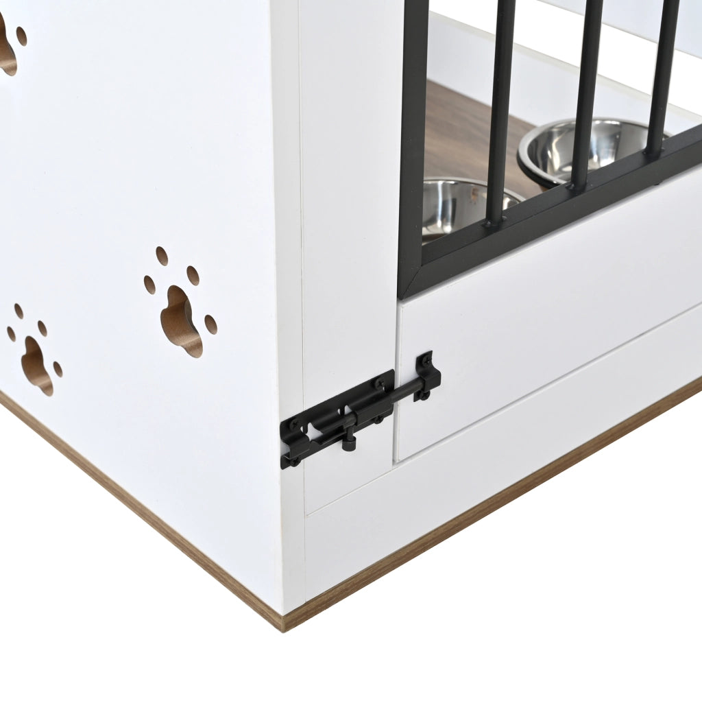 Gabbia per cani con tavolino e 2 ciotole in acciaio inox; bianco e rovere chiaro