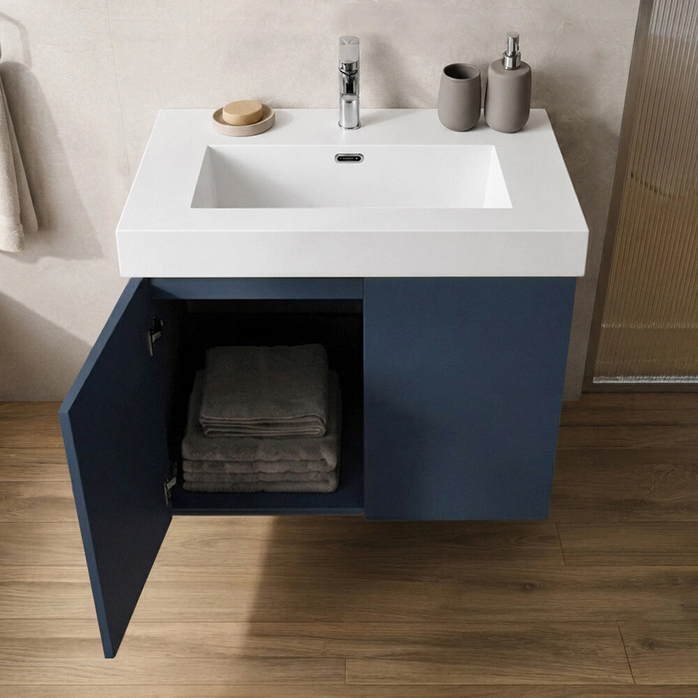 Mobile bagno sospeso 80 cm blu con due ante e lavabo in resina Tierra