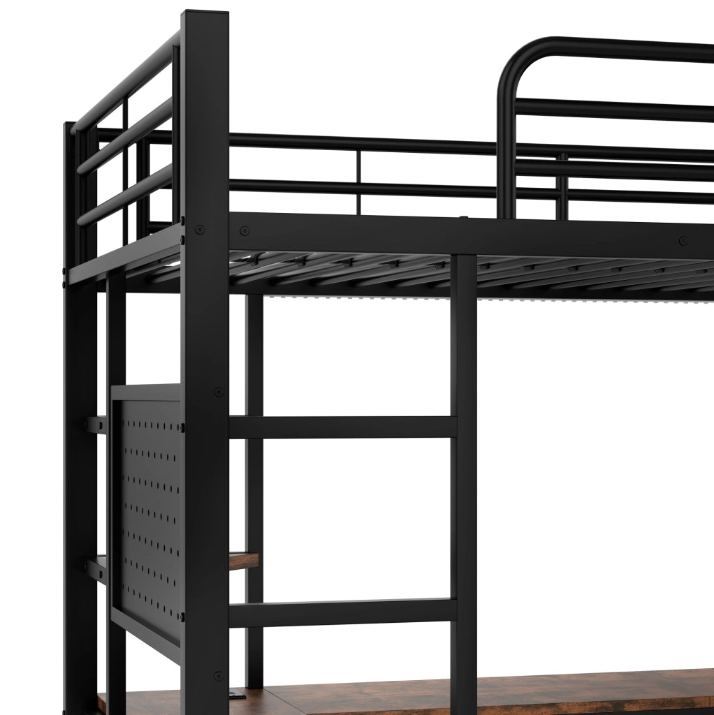 Letto a soppalco nero 90 x 200 cm con scrivania, LED e presa USB-C