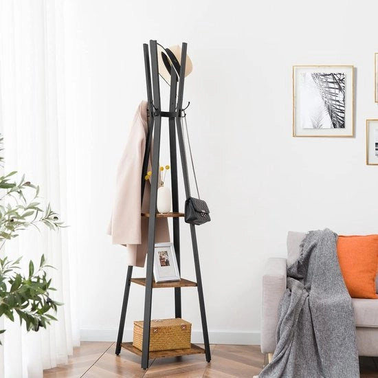Kapstok libero, capanno a 3 pannelli, 4 ganci, capanno per abiti, cappelli, ingresso, foyer, telaio metallico, design industriale, stile vintage marrone-nero