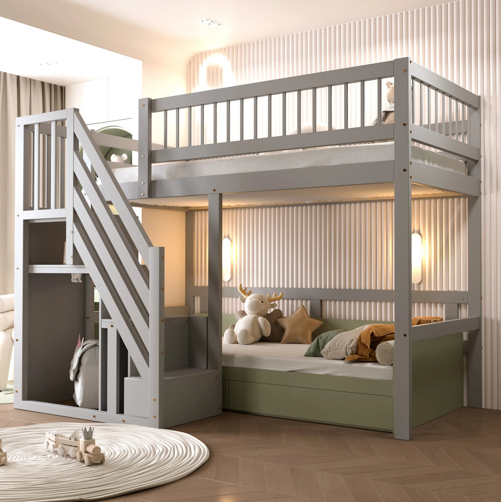 Letto singolo rialzato grigio 90x200 con scala contenitore