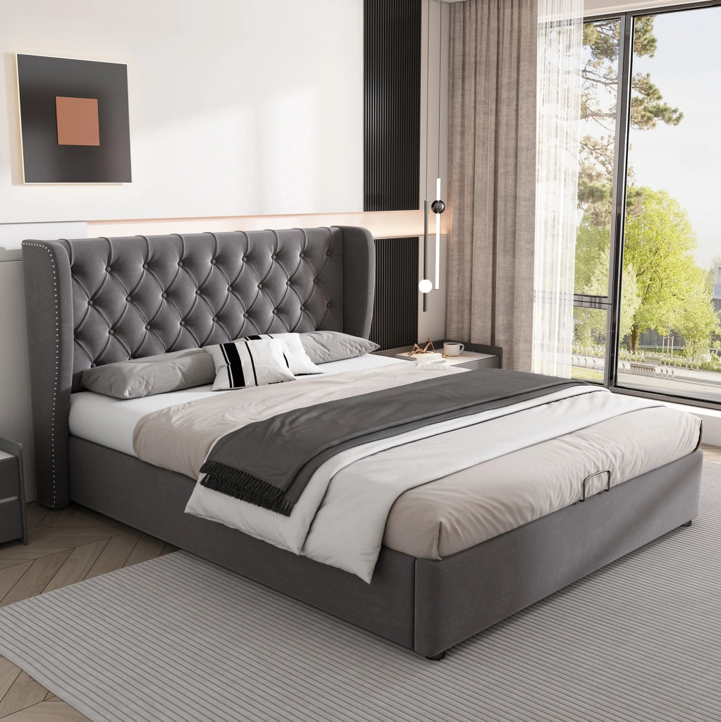 Letto imbottito contenitore in velluto grigio 197x146x99 cm