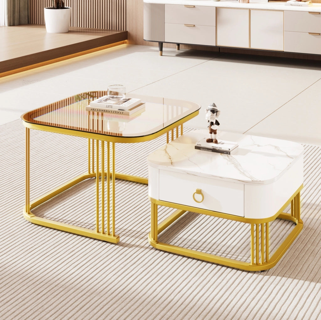 Set 2 tavolini da salotto a incastro con cassetti bianco e oro