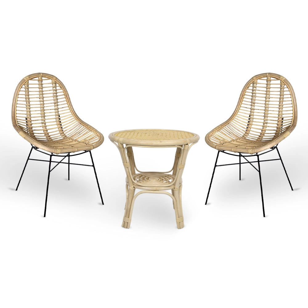 Set di 2 sedie Bety in legno di bambu con gambe in ferro e 1 tavolino in bambu